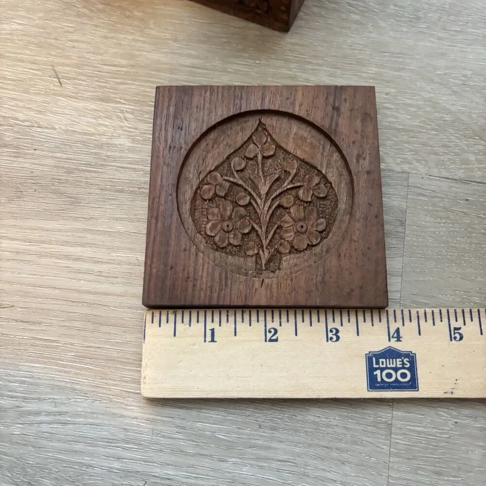 Vintage Hand Carved Wood Coaster Set Caddy Floral Leaf Indian Wooden Drink Mat